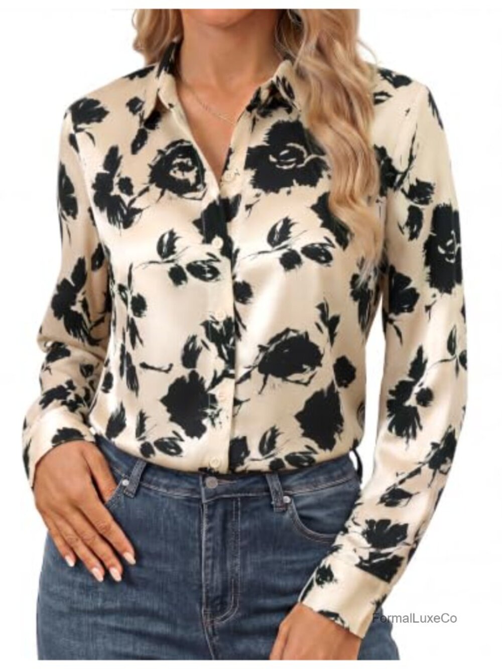 Women's Long Sleeve Satin Silk Button Down Dressy Blouse